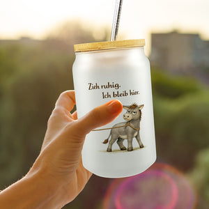 Eddi Esel Zieh ruhig Ich bleib hier Trinkglas mit Bambusdeckel für Eselfans