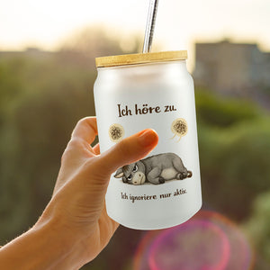 Eddi Esel Ich höre zu Ich ignoriere nur aktiv Trinkglas mit Bambusdeckel für Morgenmuffel