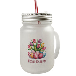 Tulpen und Ostereier Frohe Ostern Trinkglas mit Bambusdeckel