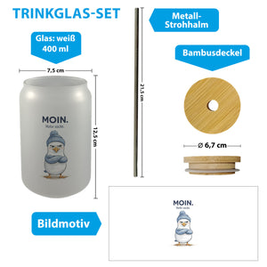 Manfred die Möwe Moin mehr nicht Trinkglas mit Bambusdeckel für Küstenfans