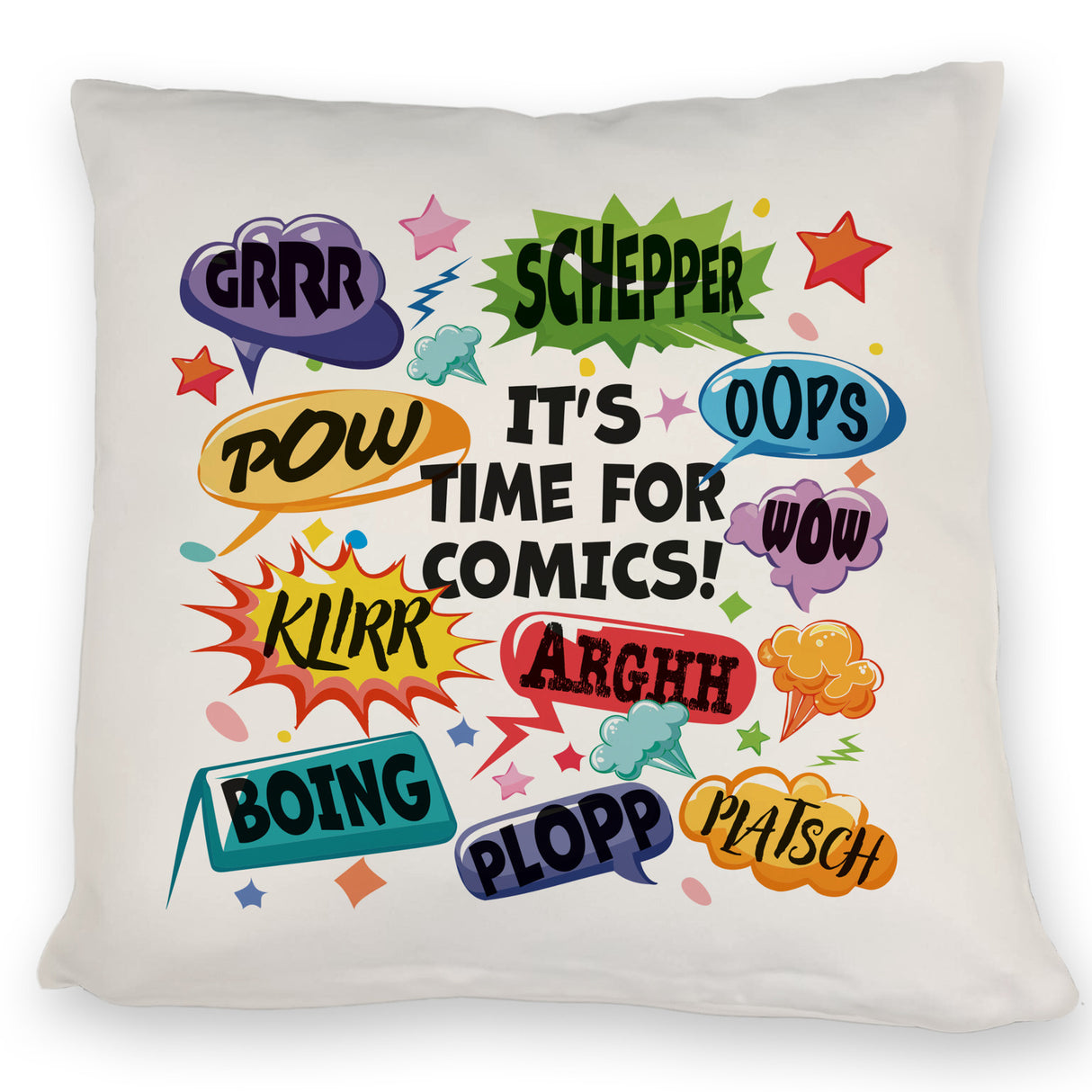 Comic Kissen mit Spruch: Comics time: POW, WOW, BOING!