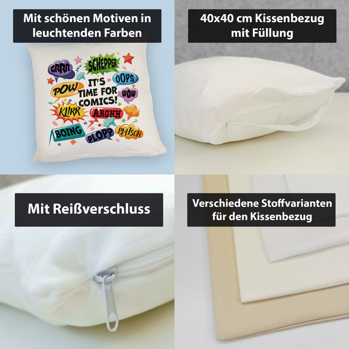 Comic Kissen mit Spruch: Comics time: POW, WOW, BOING!