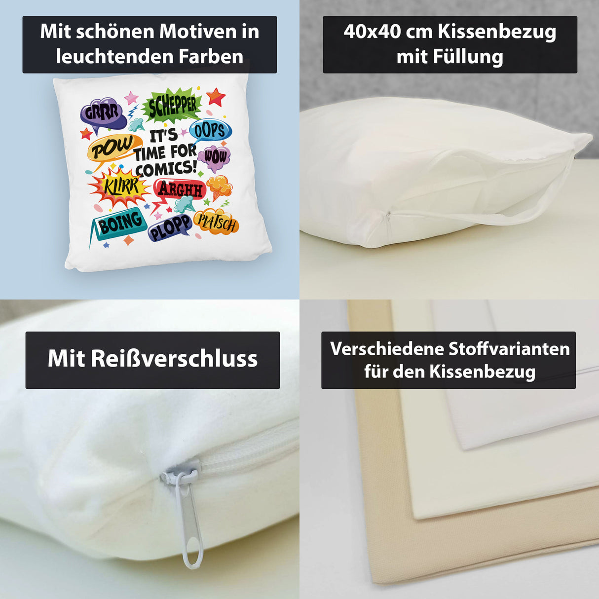 Comic Kissen mit Spruch: Comics time: POW, WOW, BOING!