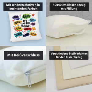 Comic Kissen mit Spruch: Comics time: POW, WOW, BOING!