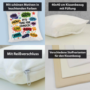Comic Kissen mit Spruch: Comics time: POW, WOW, BOING!