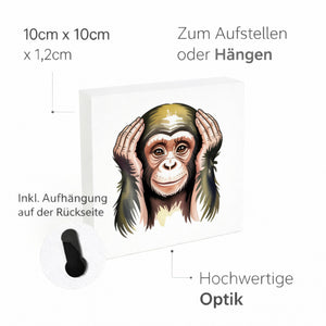 Die drei Affen nichts hören Holzbild in 10x10 cm zum Stellen oder Aufhängen