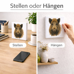 Wildes Herz Wildschweinkopf Holzbild in 10x10 cm zum Stellen oder Aufhängen
