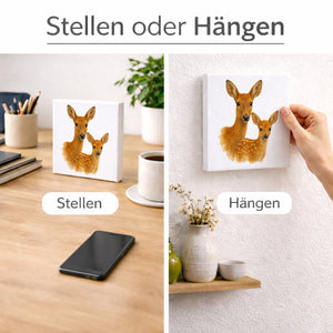 Tiere des Waldes Reh mit Kitz Holzbild in 10x10 cm zum Stellen oder Aufhängen