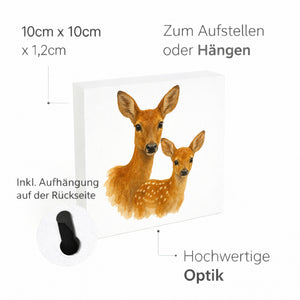 Tiere des Waldes Reh mit Kitz Holzbild in 10x10 cm zum Stellen oder Aufhängen