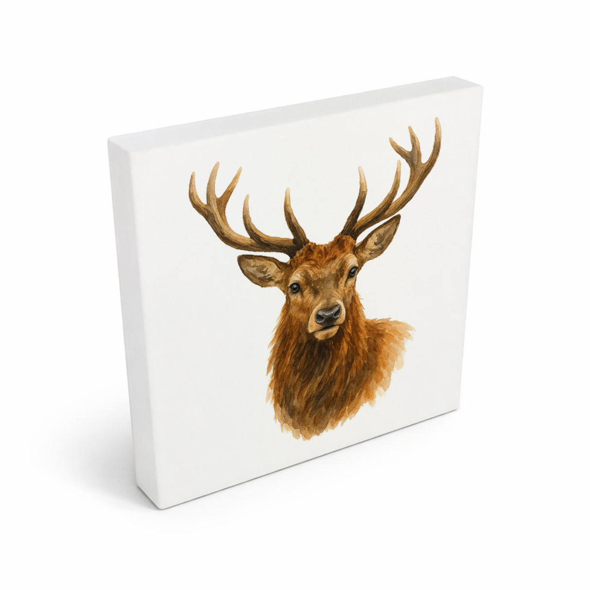 Tiere des Waldes Hirschkopf Aquarell Holzbild in 10x10 cm zum Stellen oder Aufhängen