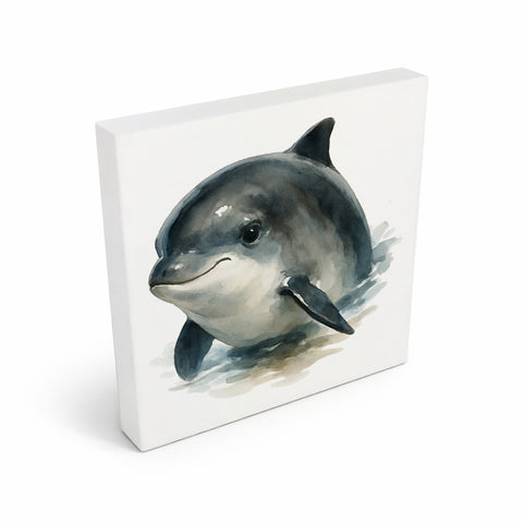 Wasserleben Delfin Aquarell Holzbild in 10x10 cm zum Stellen oder Aufhängen