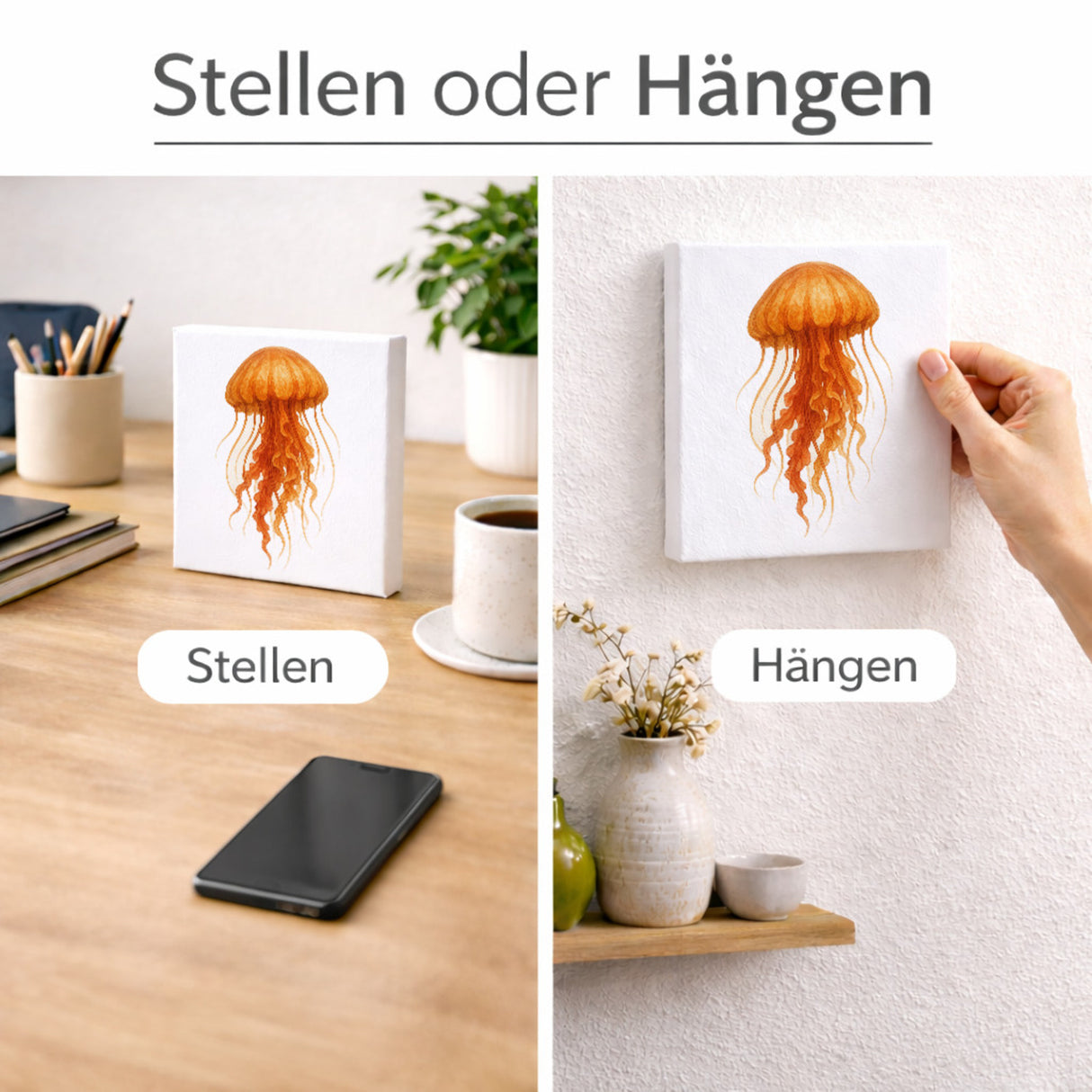 Wasserwelt Qualle Aquarell Holzbild in 10x10 cm zum Stellen oder Aufhängen