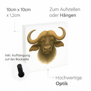 Safari Eleganz Büffelkopf Holzbild in 10x10 cm zum Stellen oder Aufhängen