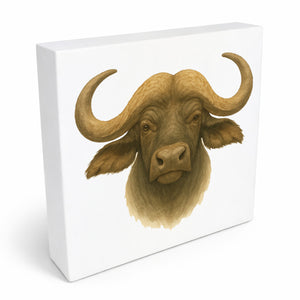 Safari Eleganz Büffelkopf Holzbild in 10x10 cm zum Stellen oder Aufhängen