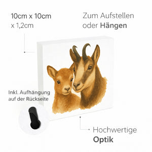 Gipfelliebe Gämse mit Jungtier Holzbild in 10x10 cm zum Stellen oder Aufhängen