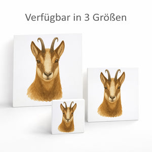 Gipfelliebe Gämse Portrait Holzbild in 10x10 cm zum Stellen oder Aufhängen