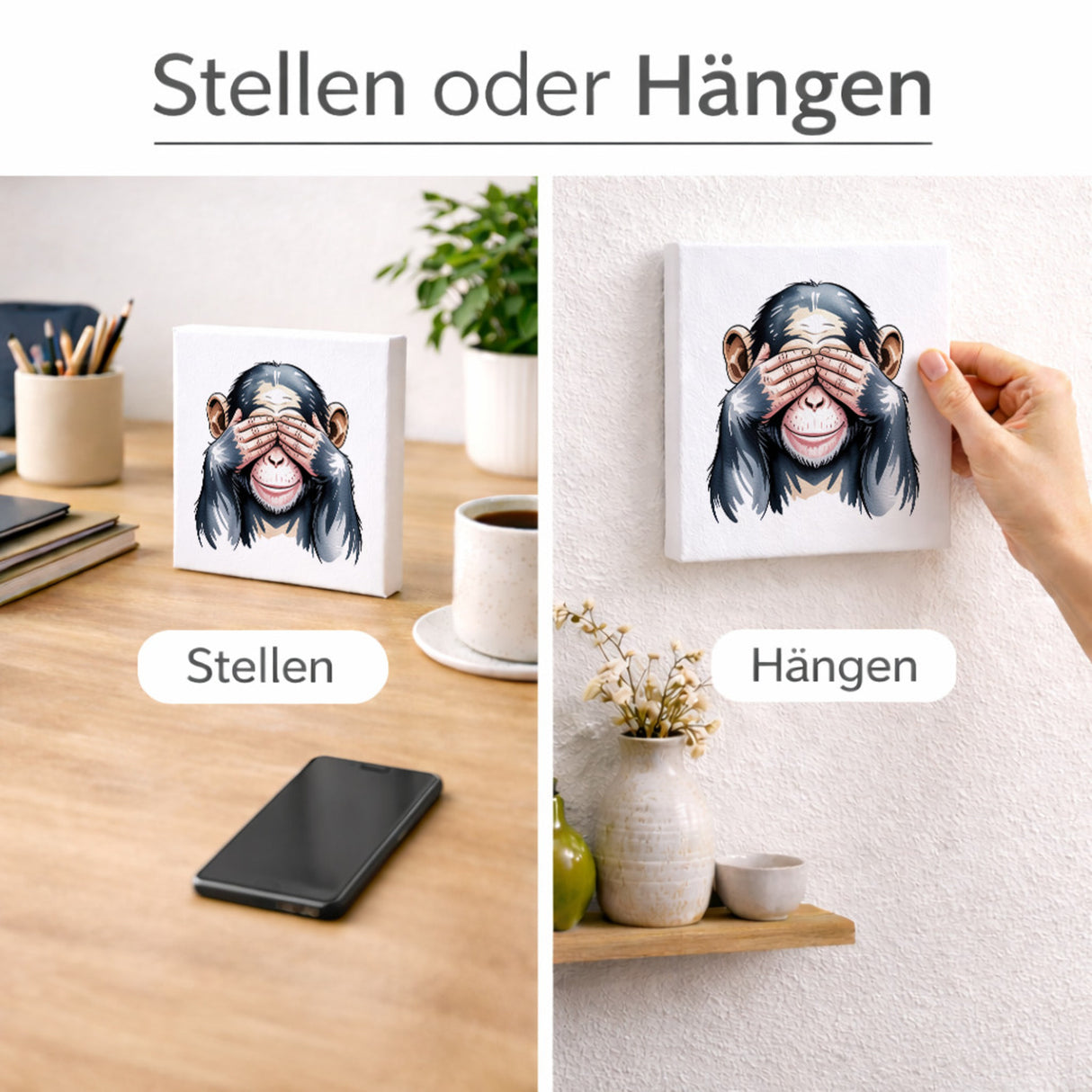 Die drei Affen nichts sehen Holzbild in 10x10 cm zum Stellen oder Aufhängen