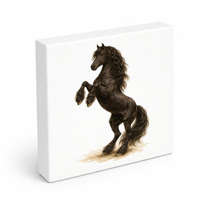 Prächtige Schönheiten Steigender Friese Pferde Holzbild in 10x10 cm zum Stellen oder Aufhängen