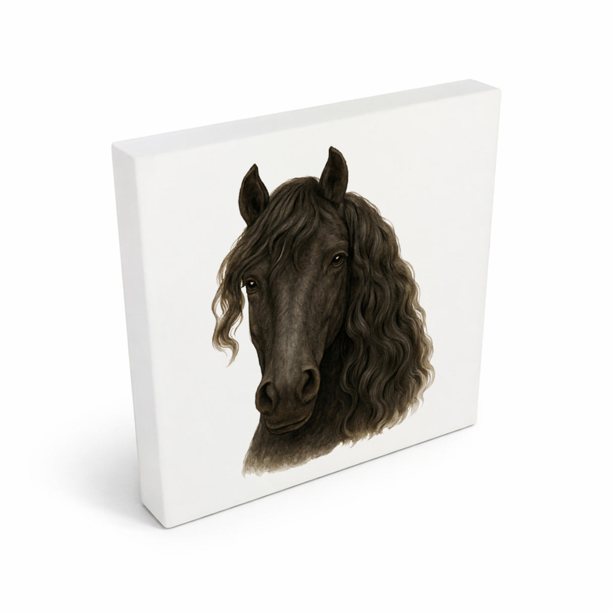Prächtige Schönheiten Friese Portrait Pferde Holzbild in 10x10 cm zum Stellen oder Aufhängen