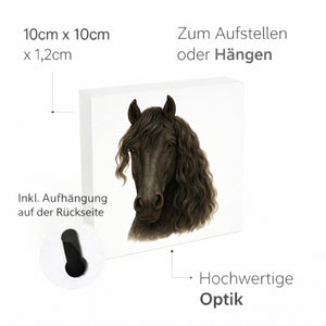 Prächtige Schönheiten Friese Portrait Pferde Holzbild in 10x10 cm zum Stellen oder Aufhängen