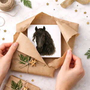 Prächtige Schönheiten Friese Portrait Pferde Holzbild in 10x10 cm zum Stellen oder Aufhängen
