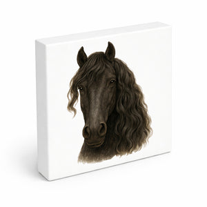 Prächtige Schönheiten Friese Portrait Pferde Holzbild in 10x10 cm zum Stellen oder Aufhängen