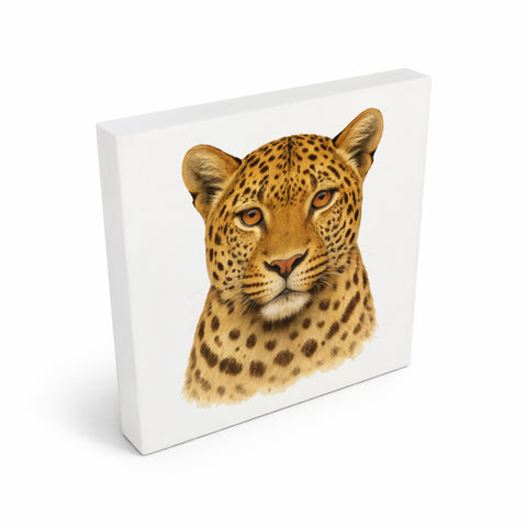 Raubtierblick Leopardenkopf Holzbild in 10x10 cm zum Stellen oder Aufhängen