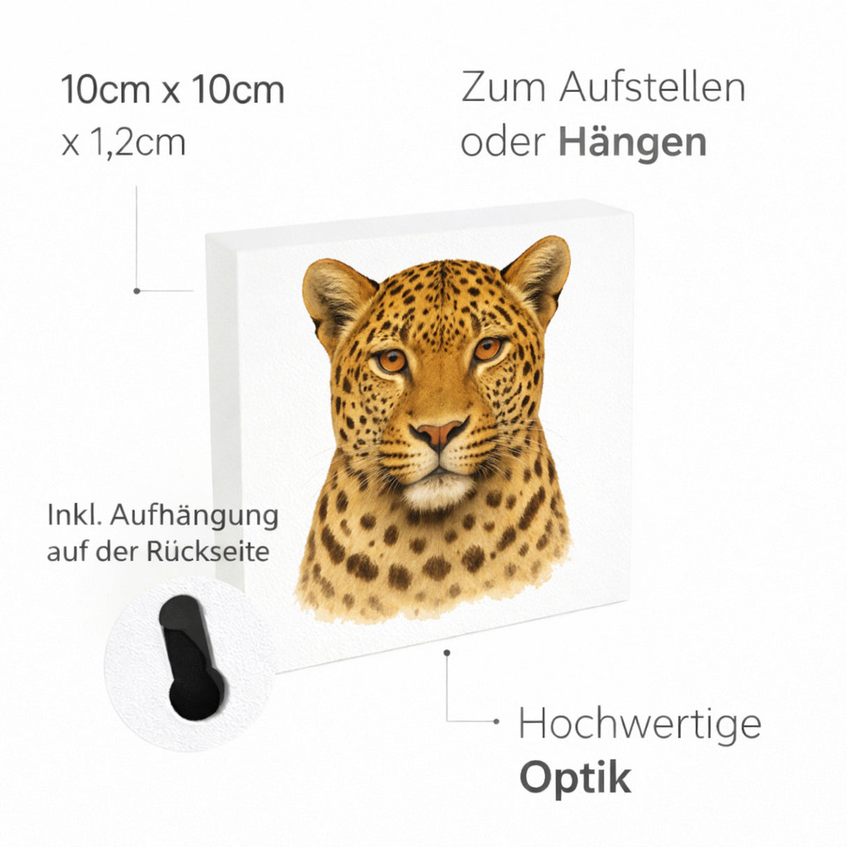 Raubtierblick Leopardenkopf Holzbild in 10x10 cm zum Stellen oder Aufhängen
