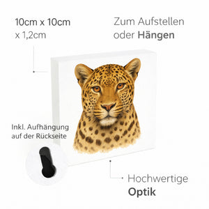 Raubtierblick Leopardenkopf Holzbild in 10x10 cm zum Stellen oder Aufhängen