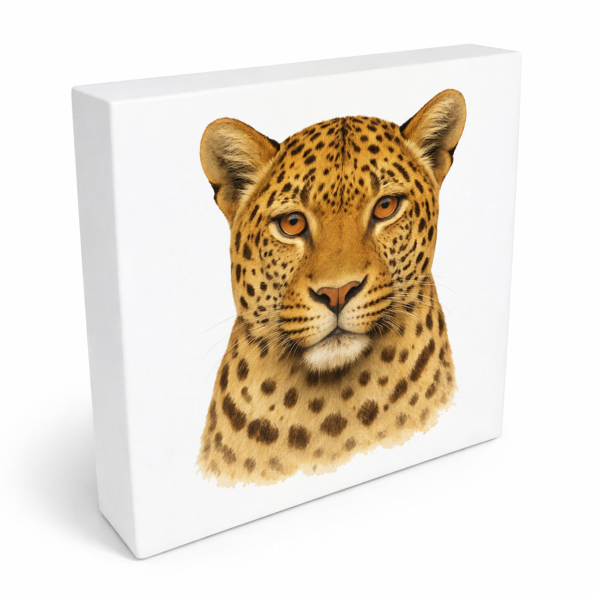 Raubtierblick Leopardenkopf Holzbild in 10x10 cm zum Stellen oder Aufhängen