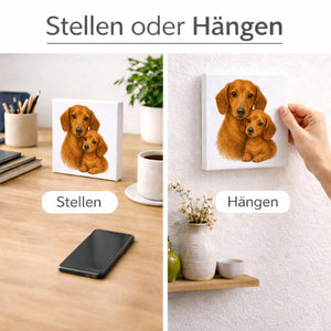 Dackelträume Dackel mit Welpe Holzbild in 10x10 cm zum Stellen oder Aufhängen