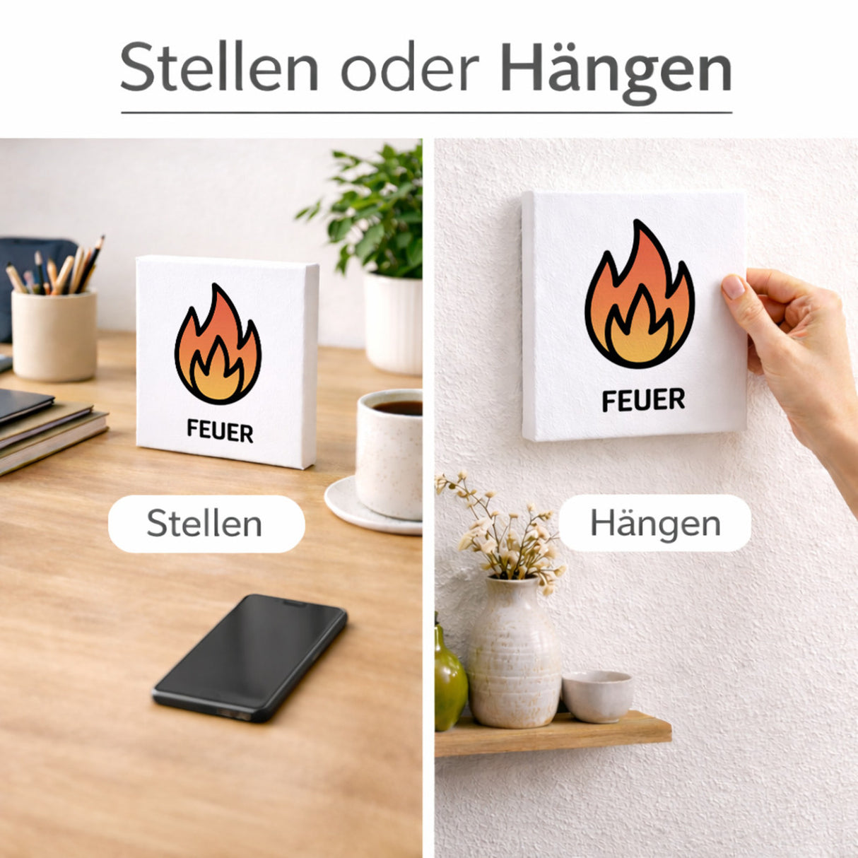 Natur Energie Feuerflamme Holzbild in 10x10 cm zum Stellen oder Aufhängen