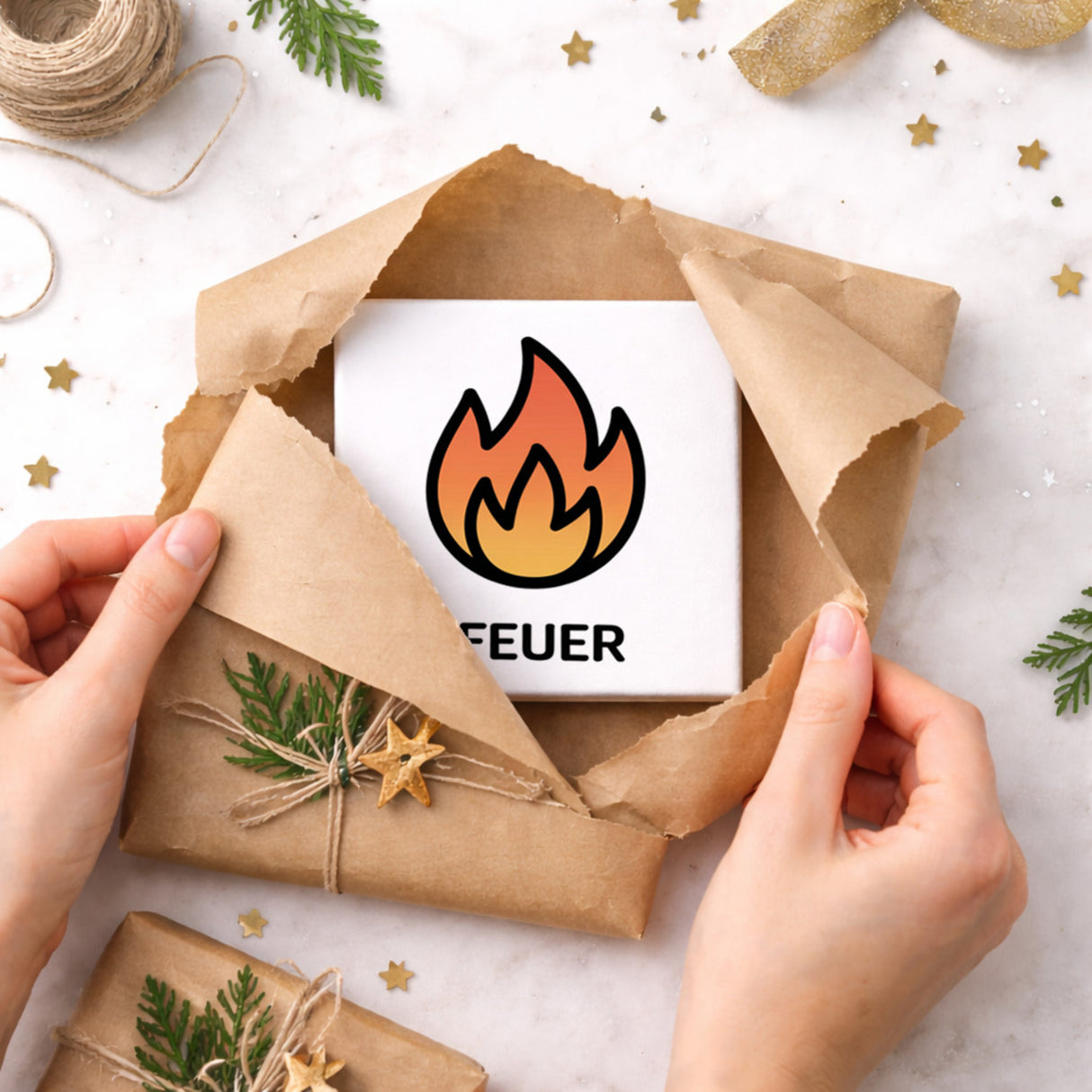 Natur Energie Feuerflamme Holzbild in 10x10 cm zum Stellen oder Aufhängen