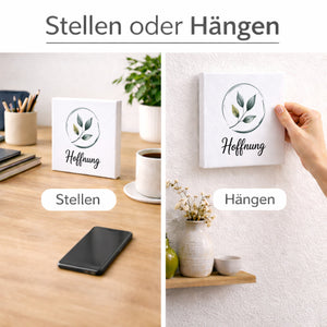 Seelenstärke Blattzweig Holzbild in 10x10 cm zum Stellen oder Aufhängen