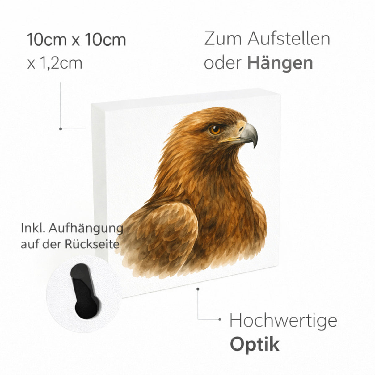 Luft Könige Adler Porträt Holzbild in 10x10 cm zum Stellen oder Aufhängen
