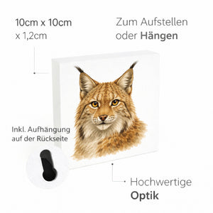 Wild Eyes Luchs Porträt Holzbild in 10x10 cm zum Stellen oder Aufhängen