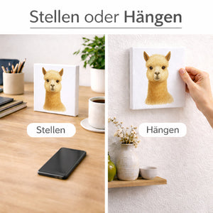 Bauernhof Charme Alpaka Porträt Holzbild in 10x10 cm zum Stellen oder Aufhängen