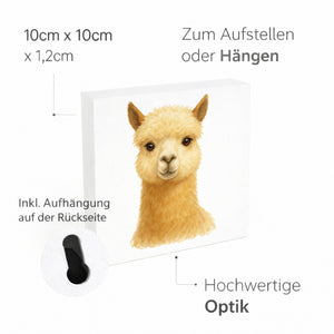 Bauernhof Charme Alpaka Porträt Holzbild in 10x10 cm zum Stellen oder Aufhängen