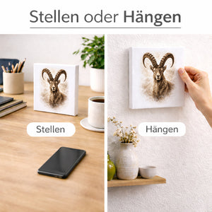 Wild and Free Steinbock Porträt Holzbild in 10x10 cm zum Stellen oder Aufhängen