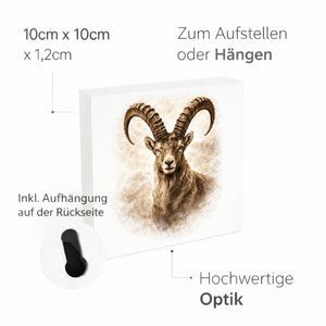 Wild and Free Steinbock Porträt Holzbild in 10x10 cm zum Stellen oder Aufhängen