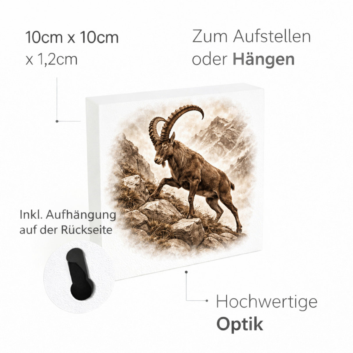 Wild and Free Steinbock Holzbild in 10x10 cm zum Stellen oder Aufhängen