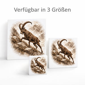 Wild and Free Steinbock Holzbild in 10x10 cm zum Stellen oder Aufhängen