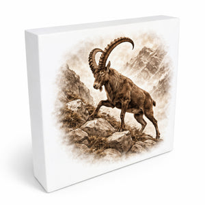 Wild and Free Steinbock Holzbild in 10x10 cm zum Stellen oder Aufhängen