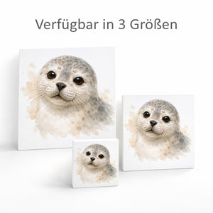 Robben Charme Robbenbaby Aquarell Holzbild in 10x10 cm zum Stellen oder Aufhängen