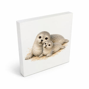 Robben Charme Robbenmutter mit Jungem Holzbild in 10x10 cm zum Stellen oder Aufhängen