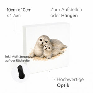 Robben Charme Robbenmutter mit Jungem Holzbild in 10x10 cm zum Stellen oder Aufhängen
