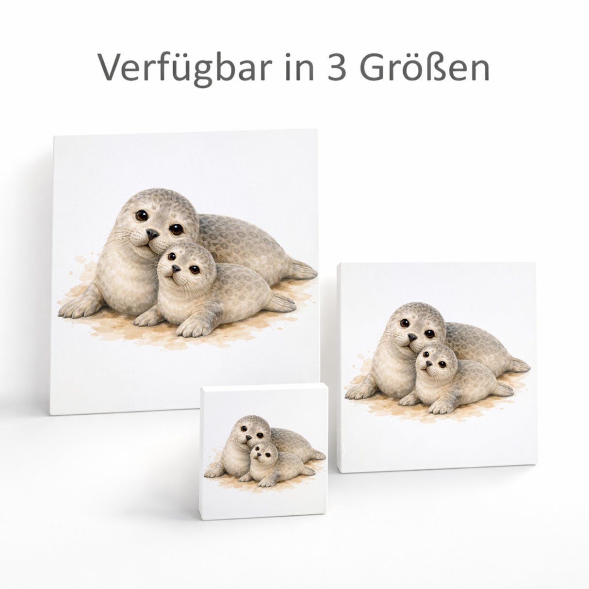 Robben Charme Robbenmutter mit Jungem Holzbild in 10x10 cm zum Stellen oder Aufhängen