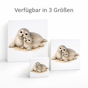 Robben Charme Robbenmutter mit Jungem Holzbild in 10x10 cm zum Stellen oder Aufhängen
