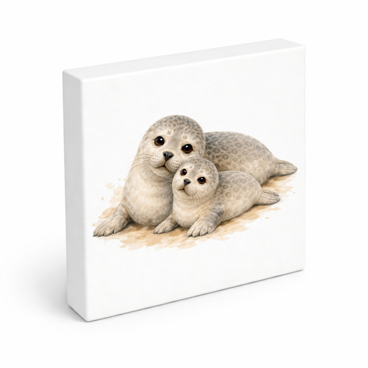Robben Charme Robbenmutter mit Jungem Holzbild in 10x10 cm zum Stellen oder Aufhängen