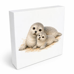 Robben Charme Robbenmutter mit Jungem Holzbild in 10x10 cm zum Stellen oder Aufhängen